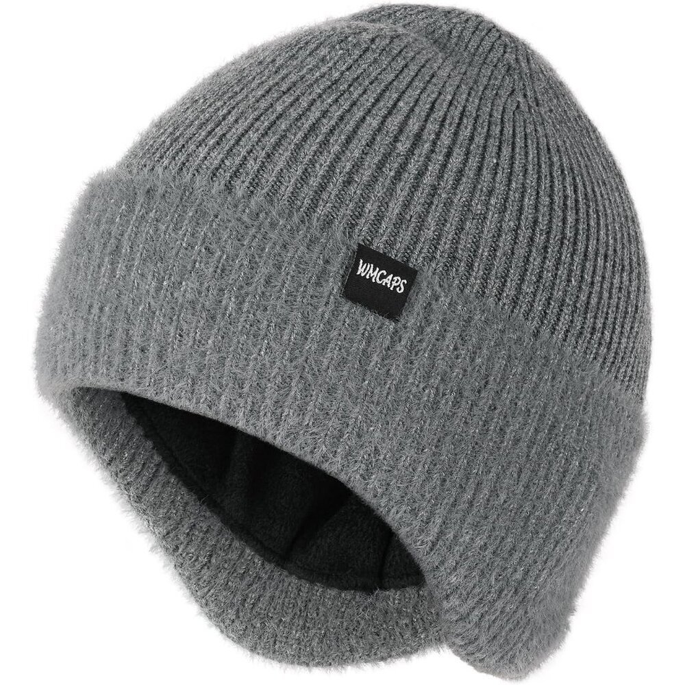Unisex Grey Fleece Thermal Lined Knit Warm Earflap Winter Classic Stocking Cap
